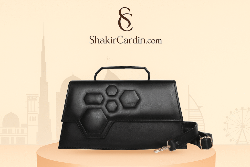 showing a stylish leather sling bag with green background and showing shakircardin in tghe bcakground