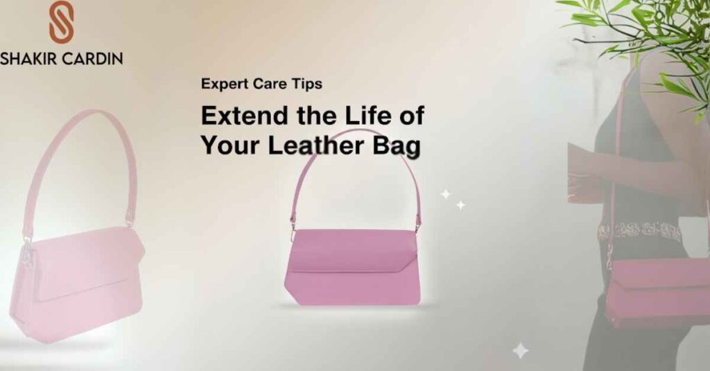 A leather shoulder bag on a clean, light beige background. The bag has a prominent shine effect to highlight its newness. The text "Extend the Life of Your Favorite Accessory: Expert Tips to Care for Your Leather Shoulder Bag" is overlaid on the image.