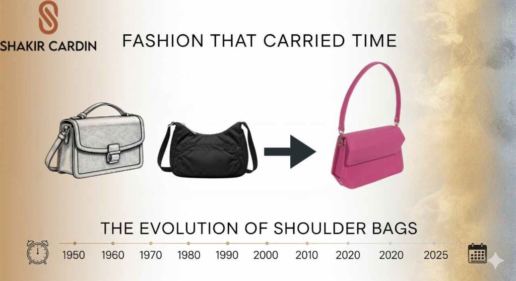 A landscape image showing a collection of women's shoulder bags from different fashion eras, including a vintage beaded bag, a structured leather bag, a fringed suede bag, a modern minimalist bag, and a contemporary designer bag. The text "Fashion That Carried Time: The Shoulder Bags for Women" is overlaid on the image.