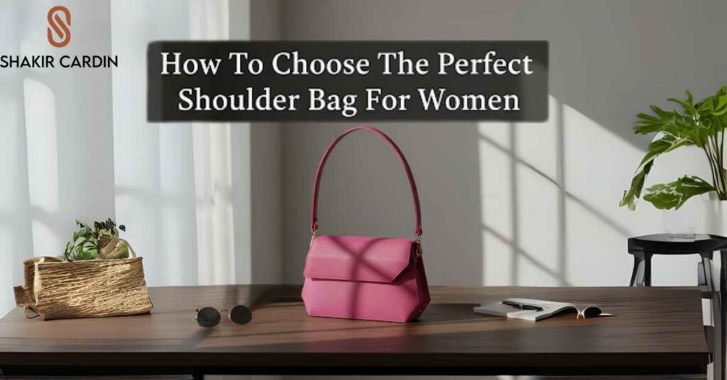 A flat lay image features a woman's hand holding a bright pink shoulder bag. The bag is surrounded by various other accessories like glasses, a wallet, a notebook, and lipstick, all arranged neatly on a bed with a white blanket.